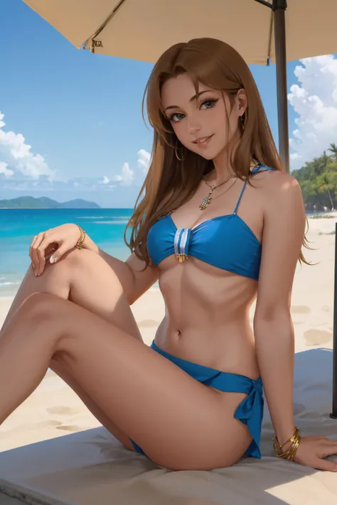 (masterpiece, best quality:1.2), <lyco:idolmaster_cg_matsumoto-10:1.0>, solo, 1girl, matsumoto sarina, smile, looking at viewer, sitting on ground, bikini, jewelry, necklace, beach