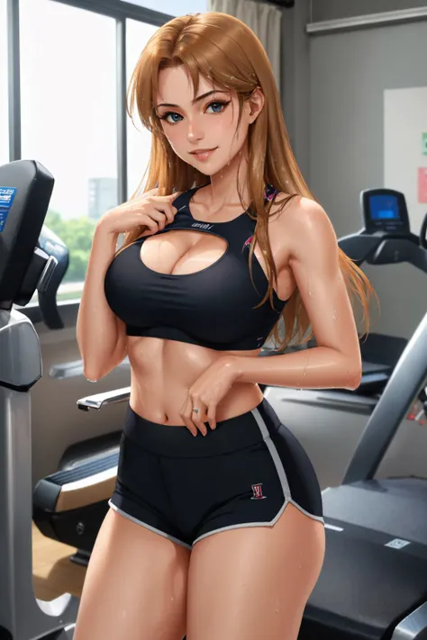 (masterpiece, best quality:1.2), <lyco:idolmaster_cg_matsumoto-10:1.0>, cowboy shot, solo, 1girl, matsumoto sarina, (sweat, wet skin:1.3), smile, looking at viewer, hand on own chest, sports bra, black shorts, short shorts, cleavage, gymnasium