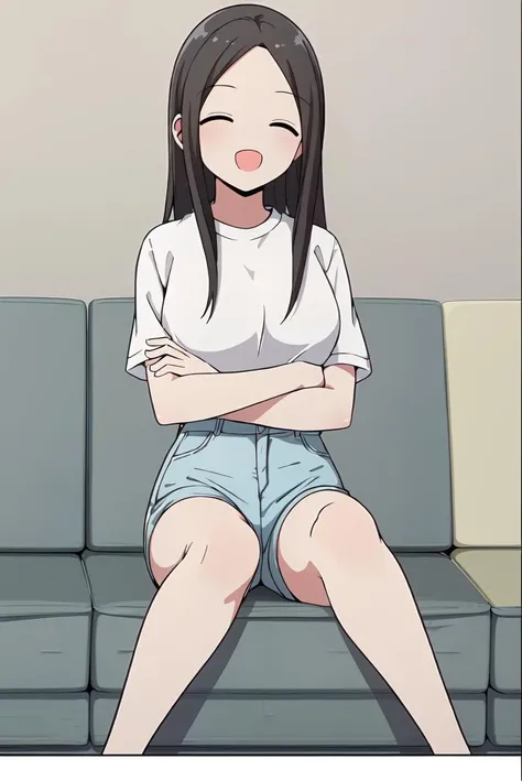 (extremely detailed CG unity 8k wallpaper),(masterpiece),(best quality),(ultra-detailed),(best illustration),(best shadow),(absurdres), <lora:Kyung-12:0.7>, Kyung, black hair, 1girl, sitting, closed eyes, couch, shorts, shirt, white shirt, open mouth, smile, long hair, breasts, crossed arms, short sleeves, blush, solo focus, large breasts, on couch