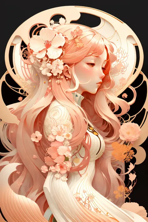 random00d, art nouveau, girl, (long hair:1.3), zoom layer, falling flower, <lora:random00d_v2-000010:1>