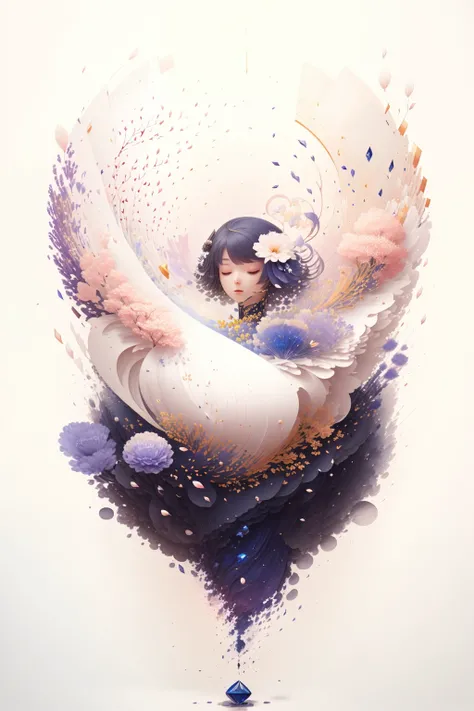 random00d, calligraphy brush (medium), girl, Sapphire, zoom layer, falling flower, <lora:random00d_v2-000010:1>