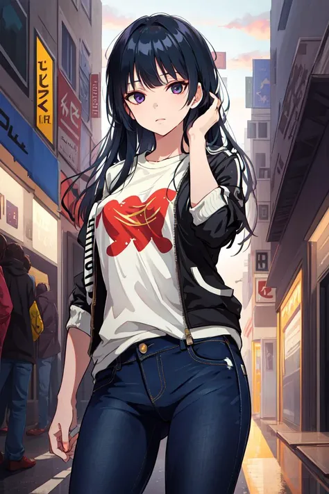 masterpiece, best quality, solo, (detailed eyes:0.9), (detailed lighting, depth of field:0.9), tshirt, jeans, bomber jacket,
<lora:Nobume_V2.1:0.6>