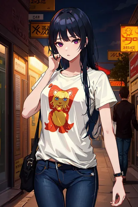 masterpiece, best quality, solo, (detailed eyes:0.9), (detailed lighting, depth of field:0.9), tshirt, jeans,
<lora:Nobume_V2.1:0.6>