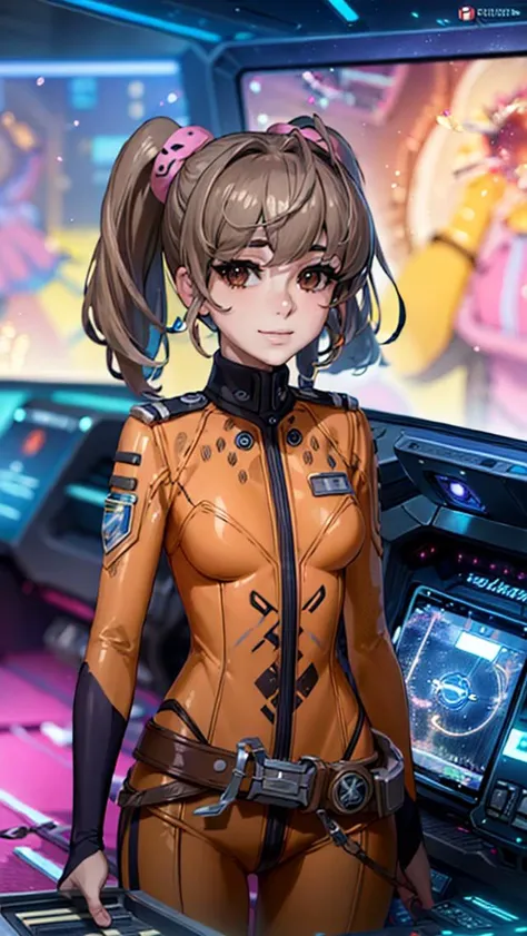 best quality, masterpiece, detailed,
<lora:SpaceBattleshipYamato2199_MisakiYuria:0.9>, misakiyuria,
closed mouth, smile,
brown hair, straight hair, twintails, brown eyes, hair scrunchie,
MisakiBodysuit, orange bodysuit, belt,
standing, looking at the viewer,
science fiction, cockpit
spacecraft, <lora:detail_slider_v4:5> bokeh,