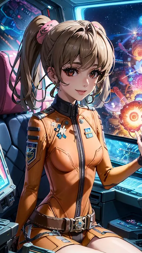 best quality, masterpiece, detailed,
<lora:SpaceBattleshipYamato2199_MisakiYuria:0.9>, misakiyuria,
smile,
brown hair, straight hair, twintails, brown eyes, hair scrunchie,
MisakiBodysuit, orange bodysuit, belt,
sitting on floor, looking at the viewer,
science fiction, cockpit
spacecraft, <lora:detail_slider_v4:5> bokeh,