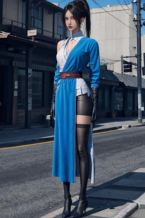 (masterpiece:1.4),(best quality:1.4),beautiful,detailed eyes,extremely detailed,feminine features,perfect body,very detailed face,extremely detailed CG,8k,wallpaper,1girl,detailed background,shiny skin,beautiful face,blush,(the whole body:1.3),standing,narrow waist,(big boobs:1.2),TWbabe10,<lora:TWbabe10:0.7>,long hair,high horsetail,(posture:1.5),high heels,black pantyhose,outdoors,street,nsfw,<lora:jiruxue-000018:0.6>,1girl,long hair,ponytail,chinese clothes,opening the clothes to reveal a breast,