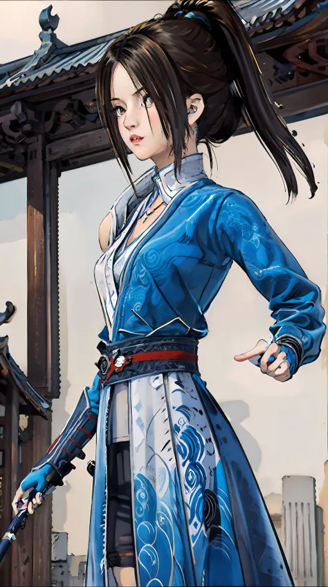 masterpiece,best quality,1girl, long hair, ponytail, chinese clothes, <lora:jiruxue:0.8>, cowboy shot, dynamic pose, dynamic angle, from front