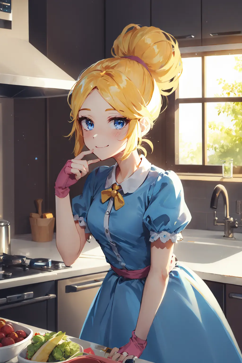(masterpiece, best quality:1.2), <lora:bs_piper-10:0.8>, cowboy shot, solo, 1girl, piper, smile, looking at viewer, (hand on own cheek:1.2), blonde hair, ponytail, blue dress, puffy short sleeves, fingerless gloves, kitchen