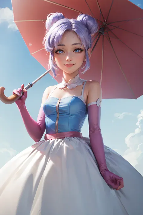 (masterpiece, best quality:1.2), <lora:bs_piper-10:0.8>, cowboy shot, solo, 1girl, piper, smile, looking at viewer, holding umbrella, purple hair, blue eyes, white dress, pink elbow gloves