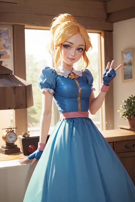 (masterpiece, best quality:1.2), <lora:bs_piper-10:0.8>, cowboy shot, solo, 1girl, piper, smile, looking at viewer, blonde hair, ponytail, blue eyes, blue dress, fingerless gloves