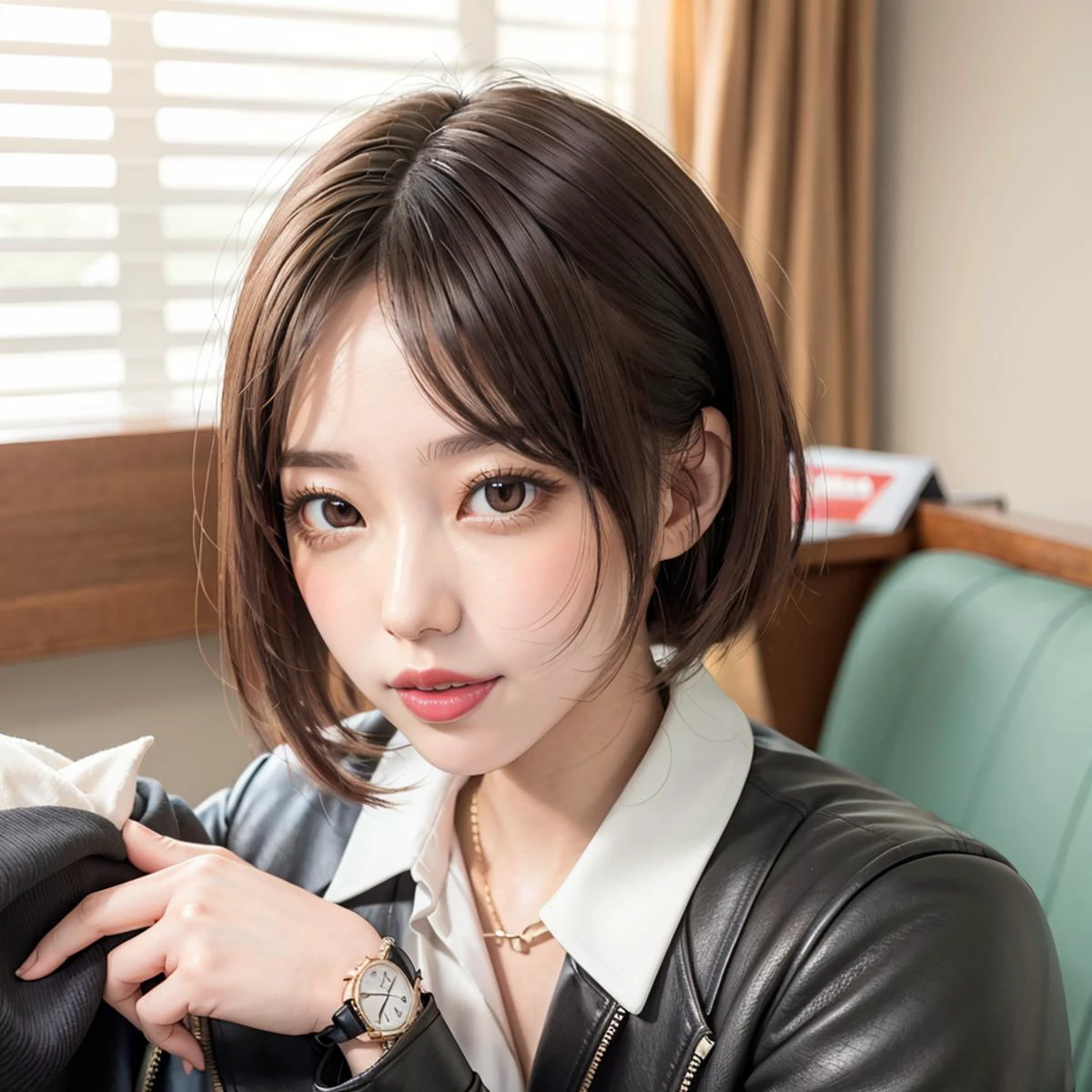 8k, raw photo, (masterpiece), (best quality), highres, (realistic, photo-realistic:1.4), ultra detailed, super_detail, ultra highres, good hands, perfect_anatomy, realistic, <lora:KawanaMisuzu-13:0.75>, pureerosface_v1, ulzzang-6500-v1.1, ((smile)), 1girl, solo, watch, brown hair, wristwatch, blurry background, realistic, blurry, short hair, looking at viewer, parted lips, jacket, upper body, shirt, black shirt, brown eyes, lips, black jacket, long sleeves, teeth, indoors
