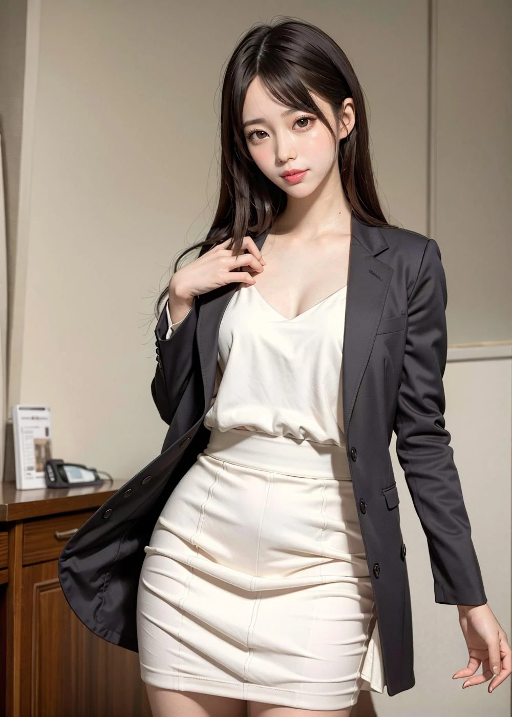 8k, raw photo, (masterpiece), (best quality), highres, (realistic, photo-realistic:1.4), ultra detailed, super_detail, ultra highres, good hands, perfect_anatomy, realistic, <lora:KawanaMisuzu-13:0.75>, pureerosface_v1, ulzzang-6500-v1.1, ((smile)), 1girl, solo, brown hair, skirt, high heels, formal, skirt suit, long hair, suit, office lady, pencil skirt, jacket, ((cowboy shot))