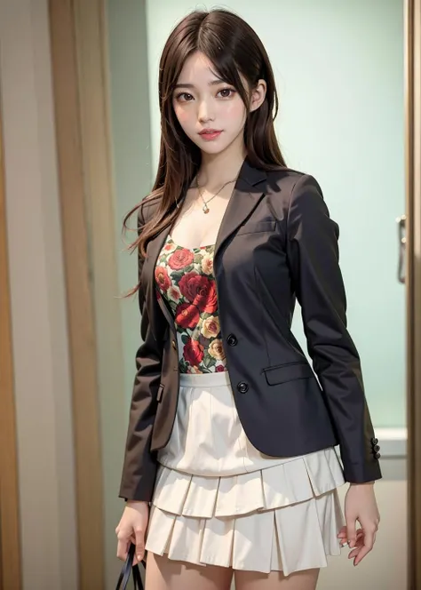8k, raw photo, (masterpiece), (best quality), highres, (realistic, photo-realistic:1.4), ultra detailed, super_detail, ultra highres, good hands, perfect_anatomy, realistic, <lora:KawanaMisuzu-13:0.75>, pureerosface_v1, ulzzang-6500-v1.1, ((smile)), 1girl, solo, brown hair, skirt, high heels, formal, skirt suit, long hair, suit, office lady, pencil skirt, jacket, ((cowboy shot))