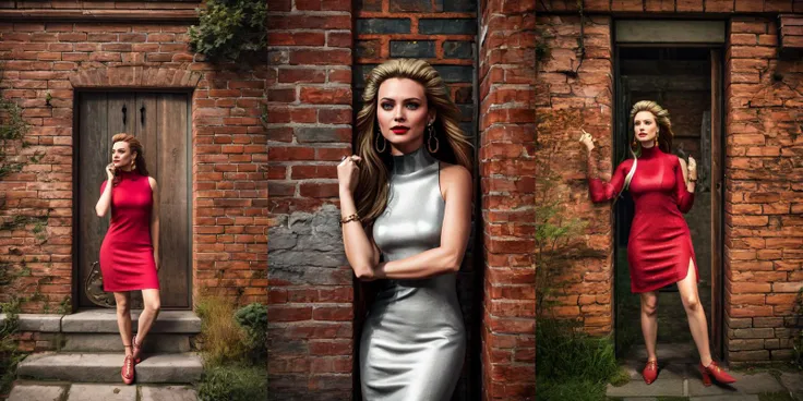 (otherworldly), highly insanely detailed, masterpiece, top quality, best quality, highres, 4k, 8k, RAW photo, (very aesthetic, beautiful and aesthetic), 1girl, <lora:peeking_out_upper_body_pruned:1>, peeking out, brick wall, upper body, <lora:BodyconianSMT-bsinky-v1:0.85>, bconSMT, long hair, short red dress, sleeveless, turtleneck, earrings, lipstick, bracelet, ring, nail polish, (fantasy world)