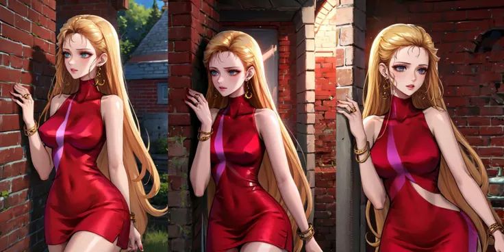 (otherworldly), highly insanely detailed, masterpiece, top quality, best quality, highres, 4k, 8k, RAW photo, (very aesthetic, beautiful and aesthetic), 1girl, <lora:peeking_out_upper_body_pruned:1>, peeking out, brick wall, upper body, <lora:BodyconianSMT-bsinky-v1:0.85>, bconSMT, long hair, short red dress, sleeveless, turtleneck, earrings, lipstick, bracelet, ring, nail polish, (fantasy world)