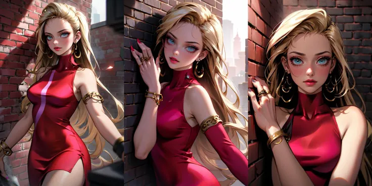 (otherworldly), highly insanely detailed, masterpiece, top quality, best quality, highres, 4k, 8k, RAW photo, (very aesthetic, beautiful and aesthetic), 1girl, <lora:peeking_out_upper_body_pruned:1>, peeking out, brick wall, upper body, <lora:BodyconianSMT-bsinky-v1:0.85>, bconSMT, long hair, short red dress, sleeveless, turtleneck, earrings, lipstick, bracelet, ring, nail polish, (fantasy world)