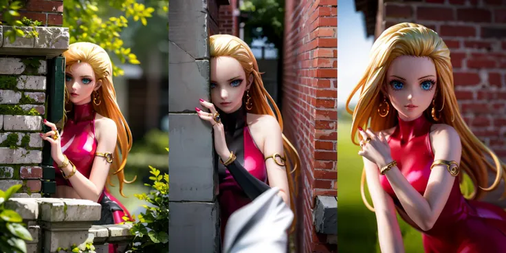 (otherworldly), highly insanely detailed, masterpiece, top quality, best quality, highres, 4k, 8k, RAW photo, (very aesthetic, beautiful and aesthetic), 1girl, <lora:peeking_out_upper_body_pruned:1>, peeking out, brick wall, upper body, <lora:BodyconianSMT-bsinky-v1:0.85>, bconSMT, long hair, short red dress, sleeveless, turtleneck, earrings, lipstick, bracelet, ring, nail polish, (fantasy world)
