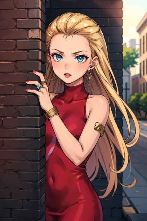 masterpiece, 1girl, <lora:peeking_out_upper_body_pruned:1> peeking out, brick wall, upper body <lora:BodyconianSMT:0.85> bconSMT, long hair, short red dress, sleeveless, turtleneck, earrings, lipstick, bracelet, ring, nail polish