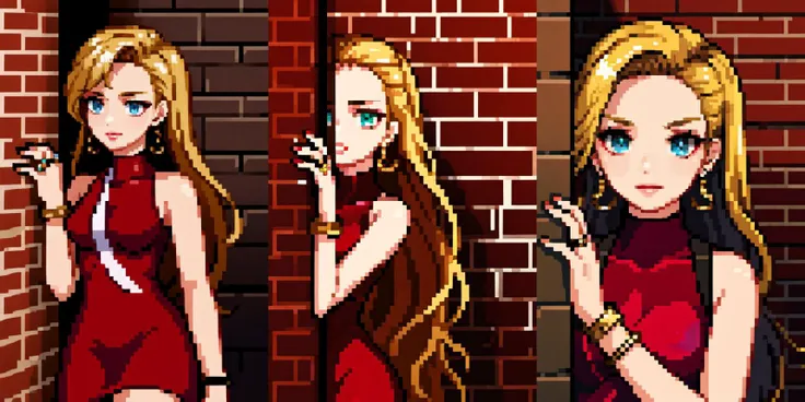 (otherworldly), highly insanely detailed, masterpiece, top quality, best quality, highres, 4k, 8k, RAW photo, (very aesthetic, beautiful and aesthetic), 1girl, <lora:peeking_out_upper_body_pruned:1>, peeking out, brick wall, upper body, <lora:BodyconianSMT-bsinky-v1:0.85>, bconSMT, long hair, short red dress, sleeveless, turtleneck, earrings, lipstick, bracelet, ring, nail polish, (fantasy world)