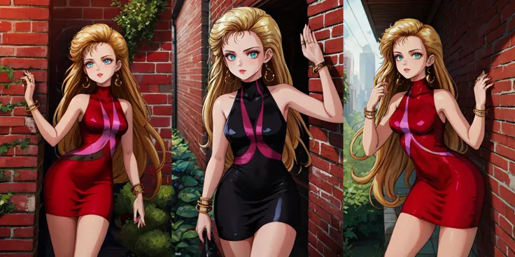 (otherworldly), highly insanely detailed, masterpiece, top quality, best quality, highres, 4k, 8k, RAW photo, (very aesthetic, beautiful and aesthetic), 1girl, <lora:peeking_out_upper_body_pruned:1>, peeking out, brick wall, upper body, <lora:BodyconianSMT-bsinky-v1:0.85>, bconSMT, long hair, short red dress, sleeveless, turtleneck, earrings, lipstick, bracelet, ring, nail polish, (fantasy world)