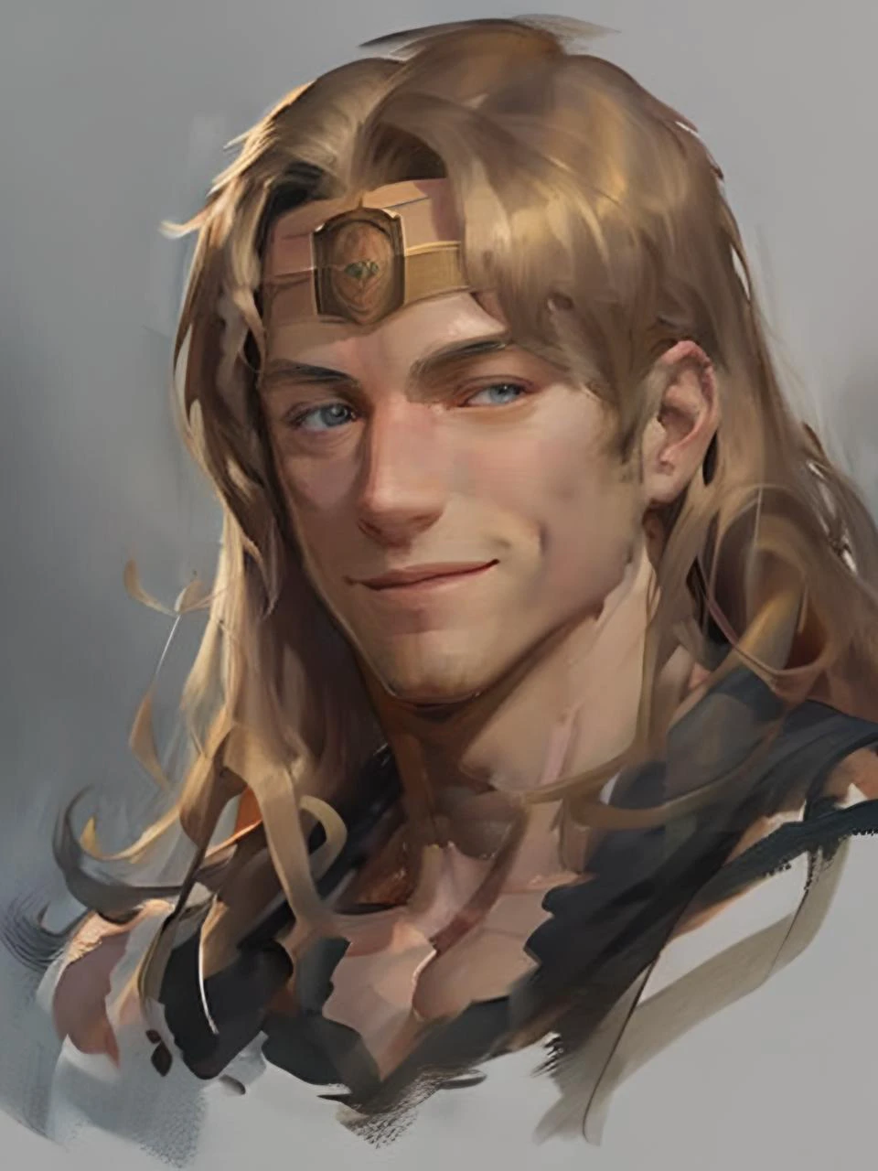 (oilsketch) (portrait) (headshot) of (one male), (looking at viewer),
very detailed manly face, heroic, detailed realistic open hazel eyes, (muscular:1.5), (big muscles), narrow waist and hips, (long golden hair), (slight smile).
<lora:oilsketch:1>