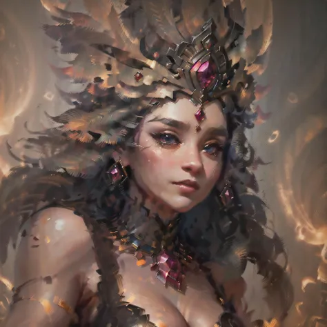 oilsketch, ((best quality)),((masterpiece)),(detailed),close-up,person wearing costume,(Behance contest winner:1.2),fantasy art,crown of giant rubies,3D goddess portrait,style of Ross Tran,captivating lighting,8k resolution,striking facial expression,(elaborate costume details:1.3),vibrant colors,powerful presence,(ethereal glow:1.1) <lora:oilsketch:1>