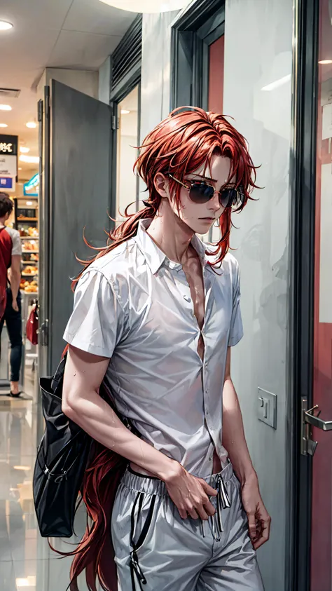 (masterpiece, detailed face, beautiful face, (best quality:1.2)), cinematic lightning, 1boy, male focus, Diluc, red long hair, red eyes, (in mall, in door), cold drink background, sweat body, sunglasses, skinny fit, swimming trunks, white shirt, <lora:Diluc_hardpruned:1> <lora:add_detail:1> <lyco:GoodHands-beta2:1.0>