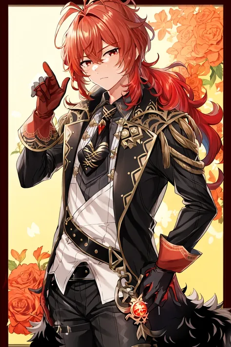 (mature male:1.3), masterpiece, best quality, diluc \(genshin impact\), 1boy, long hair, male focus, gloves, red hair, red eyes, solo, long sleeves, bangs, jacket, hair between eyes, closed mouth, black gloves, ponytail, looking at viewer, necktie, belt, black jacket, antenna hair, shirt, hand on hip, two-tone gloves, black necktie, black pants, pants, collared shirt, fur trim, floral background, flower, red gloves, coat, multicolored gloves, rose, simple background, sidelocks, hand up