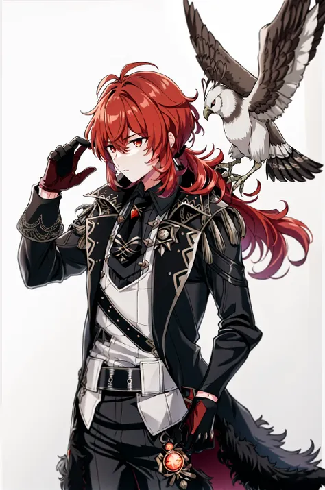 masterpiece, best quality, diluc \(genshin impact\), gloves, 1boy, bird, red eyes, red hair, male focus, black pants, belt, shirt, pants, vision (genshin impact), black gloves, long sleeves, hair between eyes, bangs, adjusting gloves, closed mouth, jacket, coat, solo, grey shirt, black coat, long hair, black shirt, simple background, adjusting clothes, grey background, collared shirt, black belt, open clothes, cropped legs, antenna hair, black jacket, two-tone gloves, bird on shoulder, cowboy shot, belt buckle