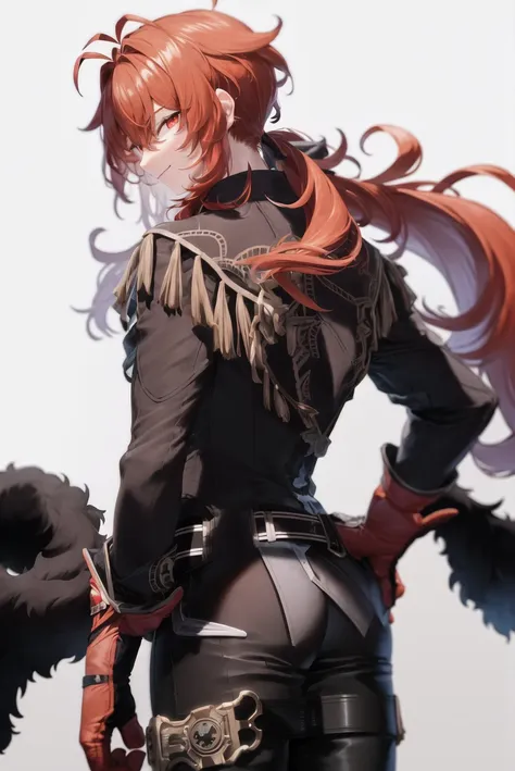 (mature male:1.3), masterpiece, best quality, diluc \(genshin impact\), 1boy, long hair, male focus, gloves, red hair, solo, red eyes, pants, ponytail, black pants, jacket, from behind, long sleeves, red gloves, ass, hand on hip, simple background, black jacket, looking back, bangs, smile, looking at viewer, fur trim, two-tone background, hair between eyes, white background, belt, shirt, standing, closed mouth, antenna hair, coat, low ponytail