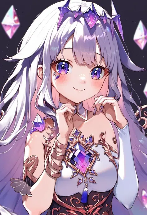source_anime, rating_safe, <lora:Koseki_Bijou_for_PonyXL:1>, koseki_bijou, 1girl, solo, looking at viewer, smile, blush, dress, virtual youtuber, bare shoulders, breasts, white dress, detached sleeves, closed mouth, crystal, upper body, detached collar, gem, medium breasts, hands up, purple light behind her, black background, score_9, score_8_up, score_7_up, score_6_up, score_5_up, score_4_up