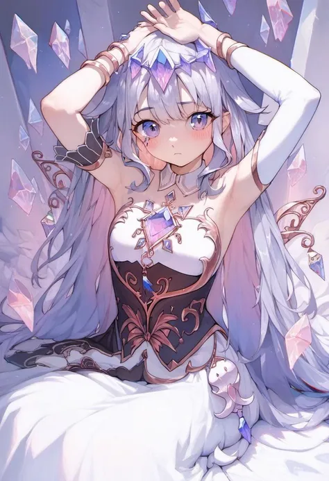 humanoid rainbow colored fox with crystal crown, light purple hair, fox ears, fox tails, and rainbow aura