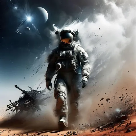 An almost mystical cosmonaut surrounded by dust and shadows, his astronaut military suit is old and has cracks and damage, the helmet he is wearing has a broken window and blue steam is pouring out of it. Behind him in the background er can see a desolately destroyed Mars Alien base like taken from a science fiction horror movie.  You should be able to clearly see the old destroyed alien military base and also the rocky, rugged ground must be clear. We can see the red dusty sands from Mars and  a rugged rocky sandy soil, it is a dark and evil fearfull setting, like on te dark side of the moon, only the fog, dust and smoke is a bit phosphorescent, the rest is scary and night black photography, 8k, highly detailed, cinematic lighting, intricate details, high resolution, award-winning, correct focus, highly detailed,  masterpiece], astral, vibrant energy