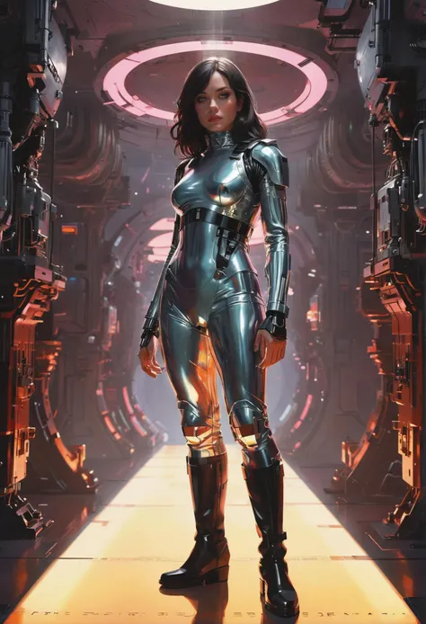 (Army Chic aesthetics, minimalist 1970s scifi magazine cover:1.4), a male character in a Femme Fatale standing in a cinematographic location, iridescent colors, stunning background. dark and moody, a mesmerizing blend of light and shadow. masterpiece, absurdres, intricate details. <lora:envyStarlight1970sScifi_v10:0.8>