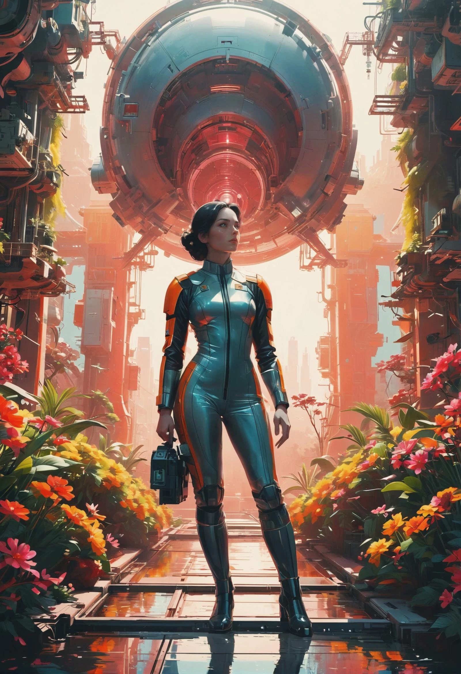 (Gardencore aesthetics, minimalist 1970s scifi movie poster:1.4), a female character in a Sovietwave movie standing in a cinematographic location, iridescent colors, stunning background. warm and bright sunlight, a mesmerizing blend of light and shadow. masterpiece, absurdres, intricate details. <lora:envyStarlight1970sScifi_v10:0.8>