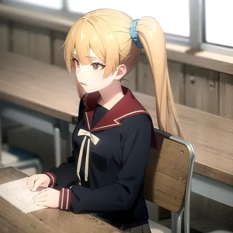 <lora:kirei_shinobi_v1(outall_resize-sv5):1> kirei_olis, 1girl, solo, very long hair, blonde hair, side ponytail, green eyes, aqua scrunchie, black serafuku, red sailor collar, neck ribbon, grey skirt, sitting, on chair
BREAK
classroom, school desk, school chair