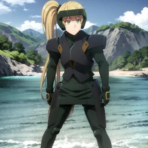 <lora:kirei_shinobi_v1b(outall-sv20-finetuning):1> ocean, beach, mountain, day, blue sky, cloud
BREAK
kirei_olis, 1girl, solo, long hair, blonde hair, side ponytail, green eyes, helmet, bodysuit, looking at viewer, expressionless