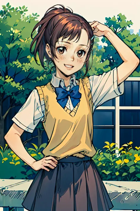 <lora:haru-000003:0.7> haru1,brown eyes, bangs, brown hair, hair ornament, hairclip, ponytail, school uniform, white shirt, short sleeves, collared shirt, bowtie, blue bow, sweater vest, smile, cowboy shot, <lora:Branch (blackrabbits):1> style3, ultra detailed, masterpiece, best quality, aesthetic, detailed,