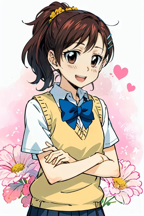 <lora:haru-000003:0.7> haru1,brown eyes, bangs, brown hair, hair ornament, hairclip, ponytail, school uniform, white shirt, short sleeves, collared shirt, bowtie, blue bow, sweater vest, smile, cowboy shot,  <lora:ringo78:1> ringo78, takanashi ringo,  big eyes, shiny skin,, ultra detailed, masterpiece, best quality, aesthetic, detailed,