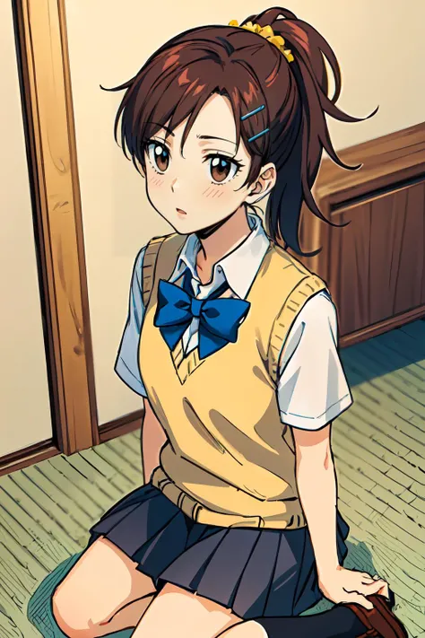 <lora:haru-000003:0.6> haru1,brown eyes, bangs, brown hair, hair ornament, hairclip, school uniform, white shirt, ponytail, short sleeves, collared shirt, bowtie, blue bow, sweater vest, full body,, ultra detailed, masterpiece, best quality, aesthetic, detailed,