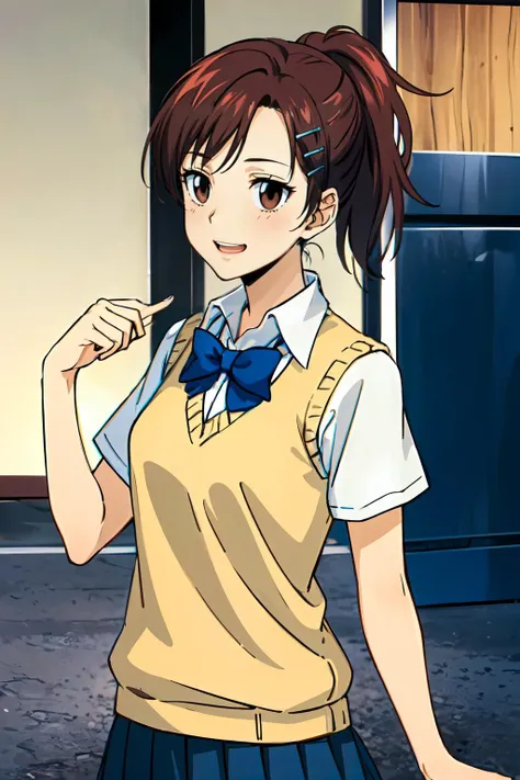 <lora:haru-000003:0.7> haru1,brown eyes, bangs, brown hair, hair ornament, hairclip, ponytail, school uniform, white shirt, short sleeves, collared shirt, bowtie, blue bow, sweater vest, smile, cowboy shot,, ultra detailed, masterpiece, best quality, aesthetic, detailed,