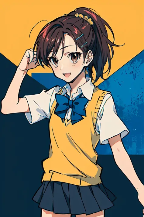 <lora:haru-000003:0.7> haru1,brown eyes, bangs, brown hair, hair ornament, hairclip, ponytail, school uniform, white shirt, short sleeves, collared shirt, bowtie, blue bow, sweater vest, smile, cowboy shot, <lora:mochizuki_kei_style_v01:1>, ultra detailed, masterpiece, best quality, aesthetic, detailed,