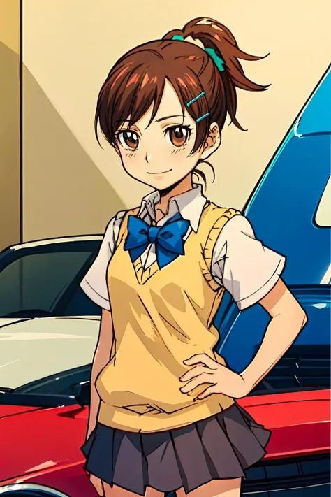 <lora:haru-000003:0.7> haru1,brown eyes, bangs, brown hair, hair ornament, hairclip, ponytail, school uniform, white shirt, short sleeves, collared shirt, bowtie, blue bow, sweater vest, smile, cowboy shot, <lora:NakayamaTooru:1> sketch, mecha,, ultra detailed, masterpiece, best quality, aesthetic, detailed,