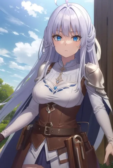 kurehacrylet, <lora:kureha crylet s1-lora-nochekaiser:1>,
kureha crylet, long hair, bangs, blue eyes, very long hair, ahoge, white hair,
BREAK skirt, belt, armor, gauntlets,
BREAK outdoors, forest, nature, grass, trees, sun, sky, clouds,
BREAK looking at viewer, (cowboy shot:1.5),
BREAK <lyco:GoodHands-beta2:1>, (masterpiece:1.2), best quality, high resolution, unity 8k wallpaper, (illustration:0.8), (beautiful detailed eyes:1.6), extremely detailed face, perfect lighting, extremely detailed CG, (perfect hands, perfect anatomy),