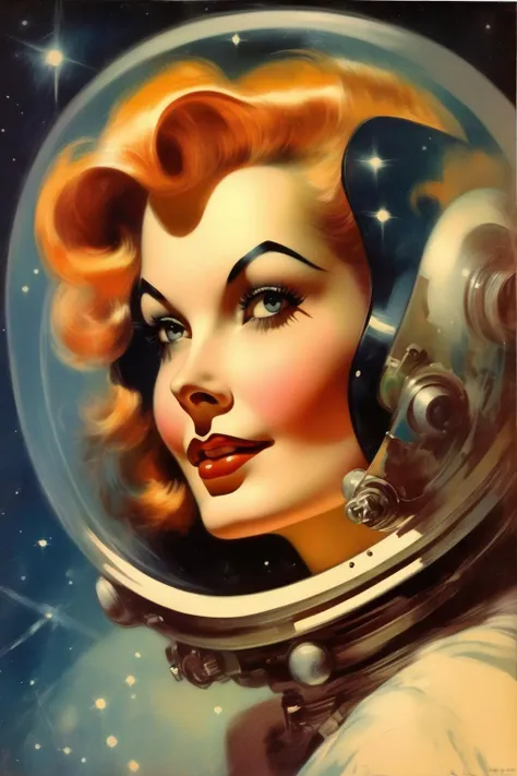 <lora:Rolf Armstrong Style:1>Rolf Armstrong Style - 1950's style art of a woman in space