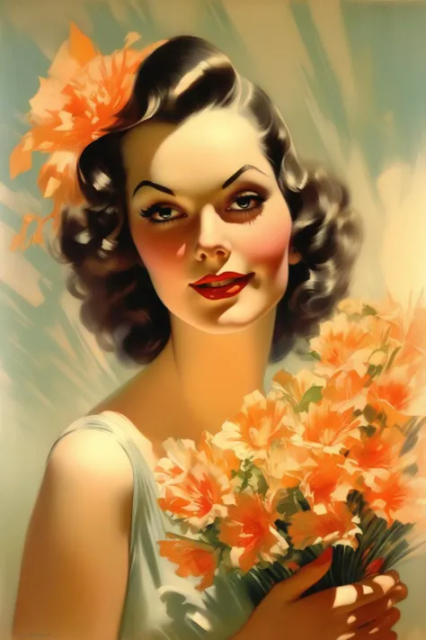<lora:Rolf Armstrong Style:1>Rolf Armstrong Style - A beautiful woman with perfect facial features in modern light clothes holds a spring bouquet Rolf Armstrong style in her hands