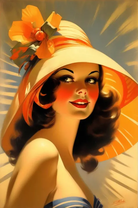 <lora:Rolf Armstrong Style:1>Rolf Armstrong Style - Beautiful brune woman with a large sun hat