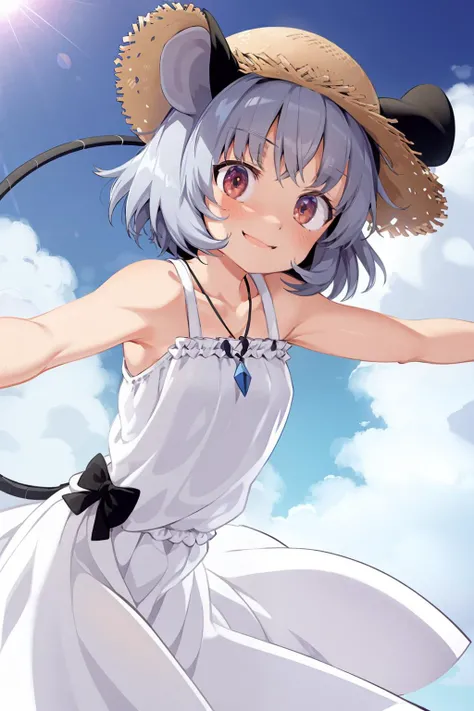 masterpiece, best quality, <lora:nazrin:1>,1girl, solo, nazrin, animal ears, tail, mouse ears, hat, grey hair, red eyes, mouse tail, dress, day, jewelry, cloud, sky, smile, pendant, short hair, blush, alternate costume, blue sky, sundress, outstretched arms, tail ornament, looking at viewer, necklace, sun, bare shoulders, sunlight, white dress, sleeveless, sun hat, tail bow, bow, armpits, straw hat, collarbone <lora:style04:1>