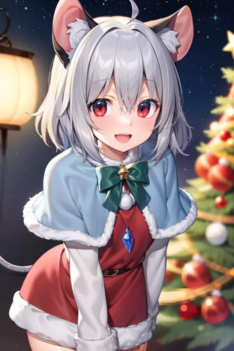 masterpiece, best quality, <lora:nazrin:1>,1girl, nazrin, mouse ears, animal ears, solo, grey hair, mouse tail, tail, gift, open mouth, christmas tree, green bow, capelet, red eyes, looking at viewer, smile, green bowtie, bow, mouse girl, blush, dress, christmas, bangs, bowtie, short hair, cowboy shot, red capelet, box, hair between eyes, red dress, night, gift box, long sleeves, star (sky), star (symbol), santa costume, starry sky, alternate costume, :d, jewelry, fur trim, sky, night sky, christmas ornaments, animal ear fluff, santa dress, pendant, ahoge, fur-trimmed dress, fur-trimmed capelet, leaning forward, medium hair, blurry, v arms