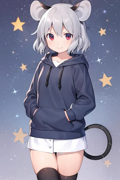 masterpiece, best quality, <lora:nazrin:1>,1girl, solo, animal ears, nazrin, tail, mouse ears, thighhighs, red eyes, mouse tail, grey hair, hood, short hair, black thighhighs, smile, hands in pockets, star (symbol), alternate costume, hoodie, looking at viewer, zettai ryouiki, clothes writing, short sleeves, starry background, casual, animal print, hood down, contemporary